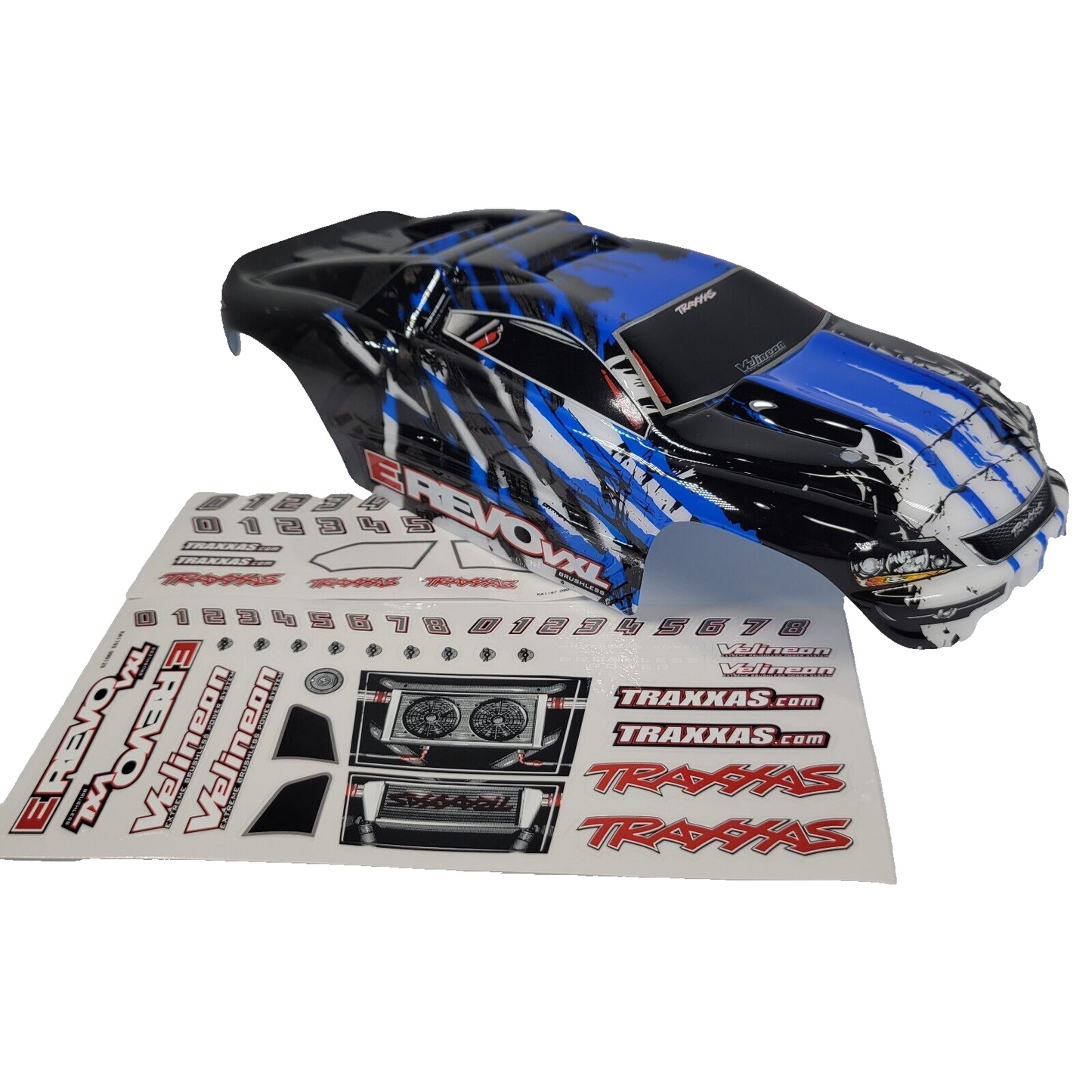 Fits Traxxas E-revo 1/16 VXL Brushless Blue Black White Painted Body & Decals