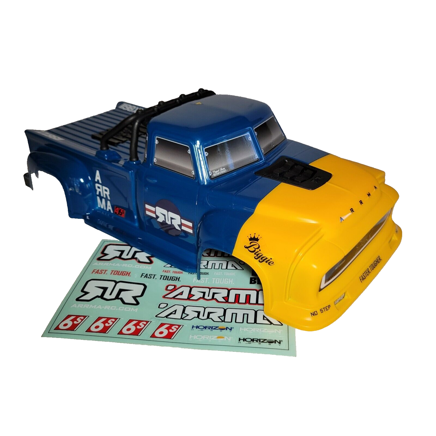 Arrma Notorious 6s V6 BLX Clipless Body Blue Yellow Factory Painted w/ Roll Hoop