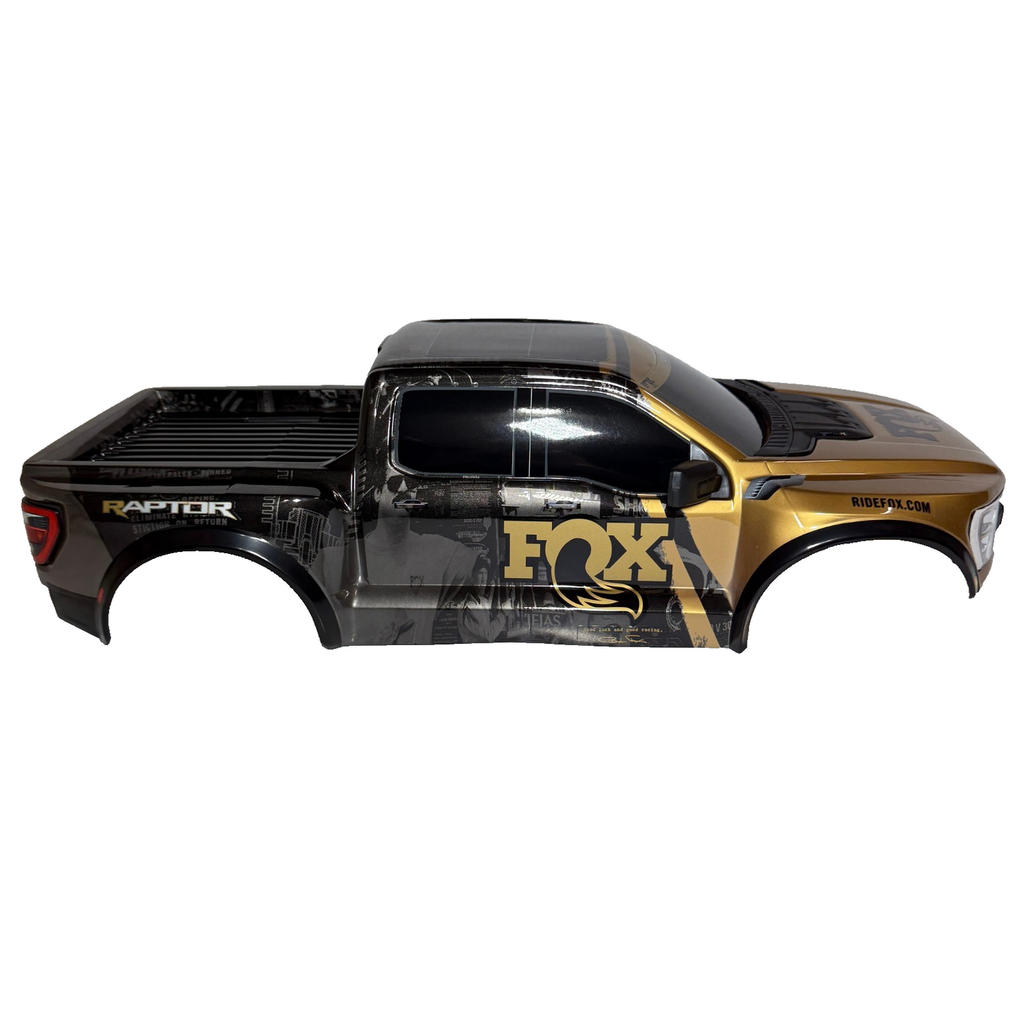 Fits Traxxas Raptor R Ultimate Fox Body Factory Painted Black & Gold Clipless