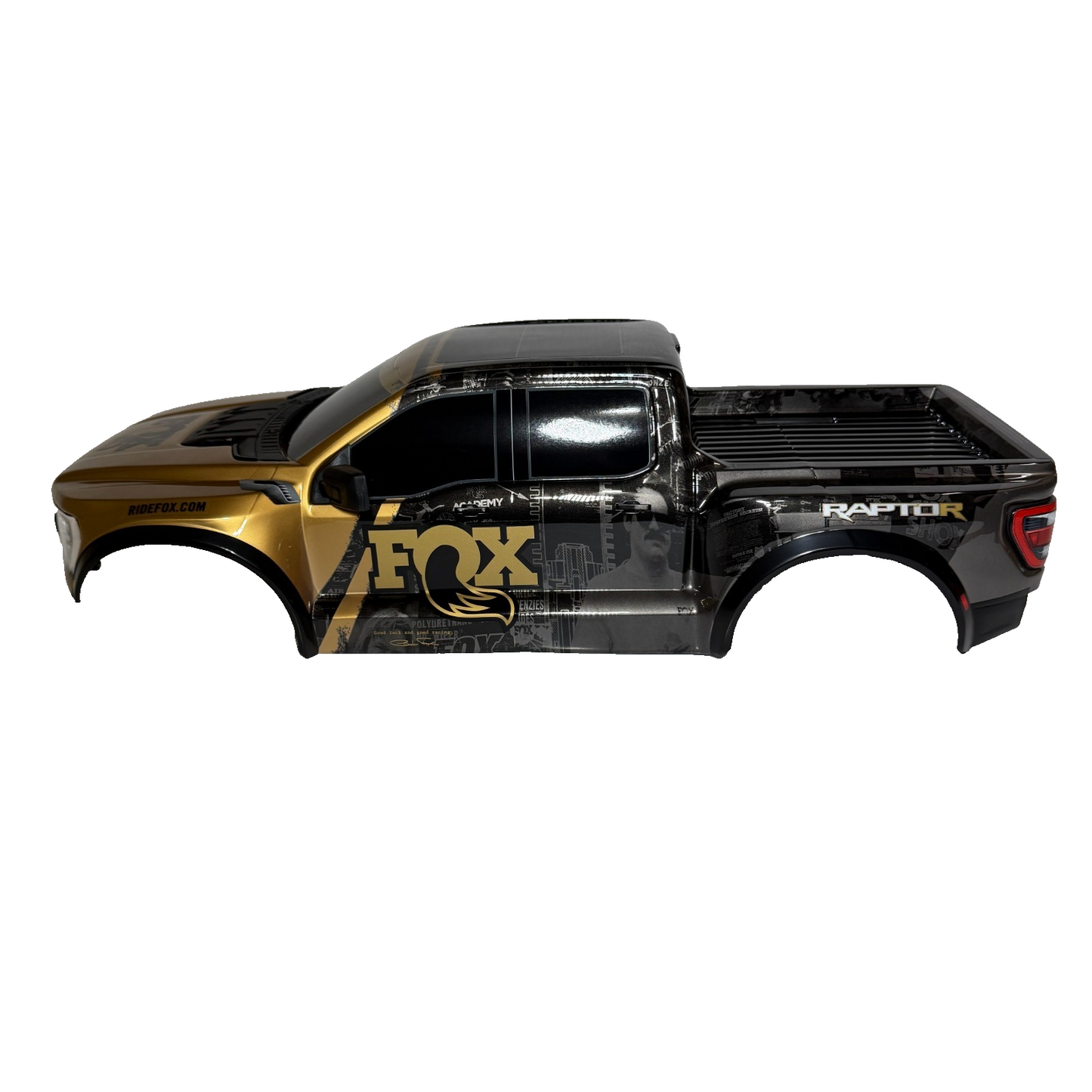 Fits Traxxas Raptor R Ultimate Fox Body Factory Painted Black & Gold Clipless