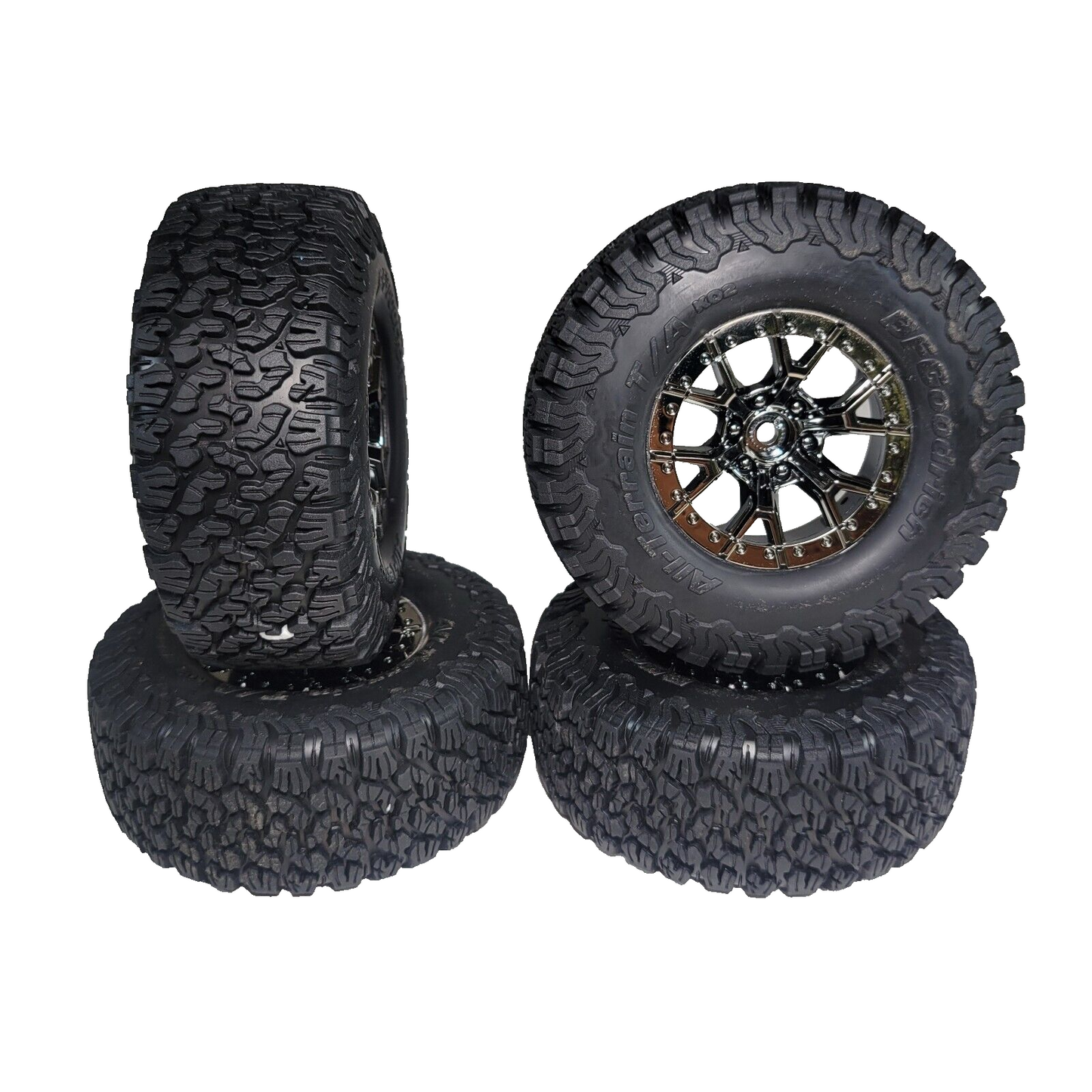 Fits Traxxas Raptor R Ultimate 4x4 Tires BF Goodrich & 12mm Black Chrome Wheels