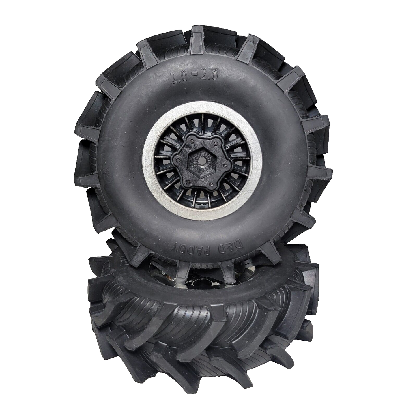 Losi Bog Hog Mud Tires D&D Paddy & 17mm Chrome Wheels w/ Hubcaps King Sling