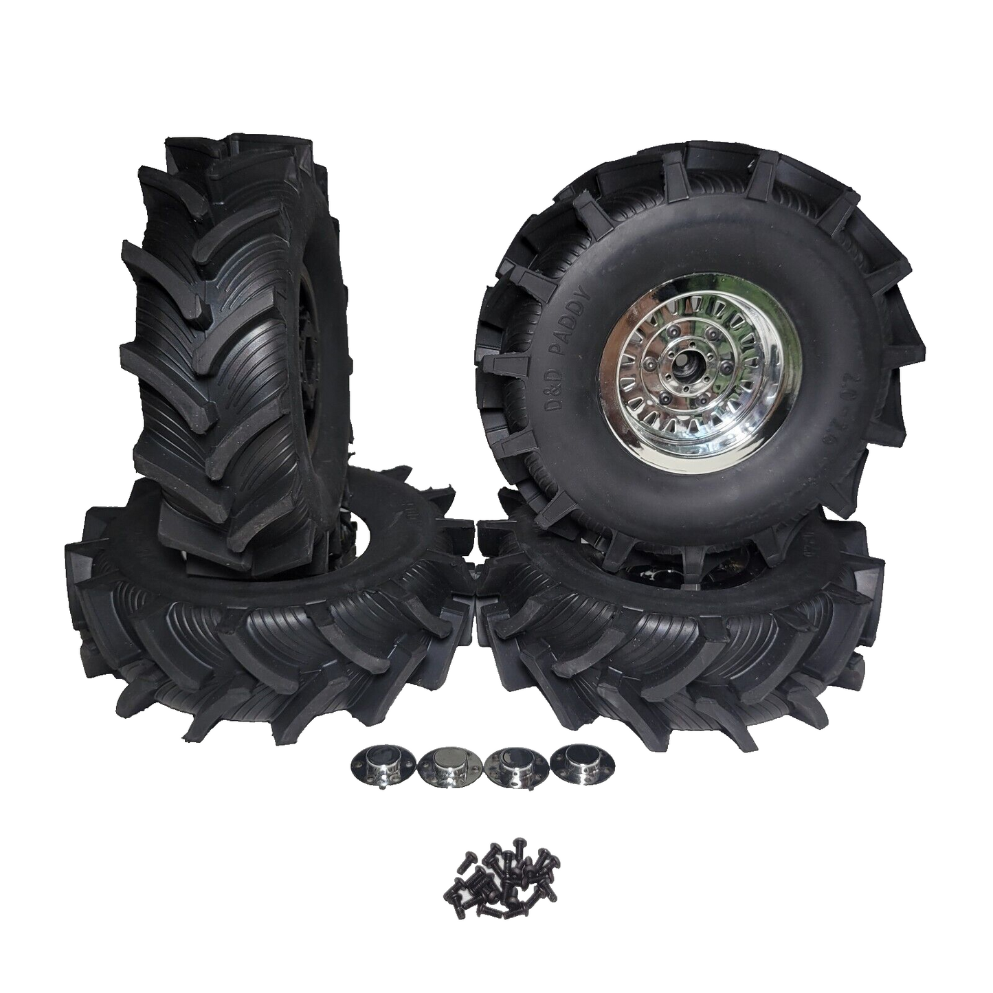 Losi Bog Hog Mud Tires D&D Paddy & 17mm Chrome Wheels w/ Hubcaps King Sling