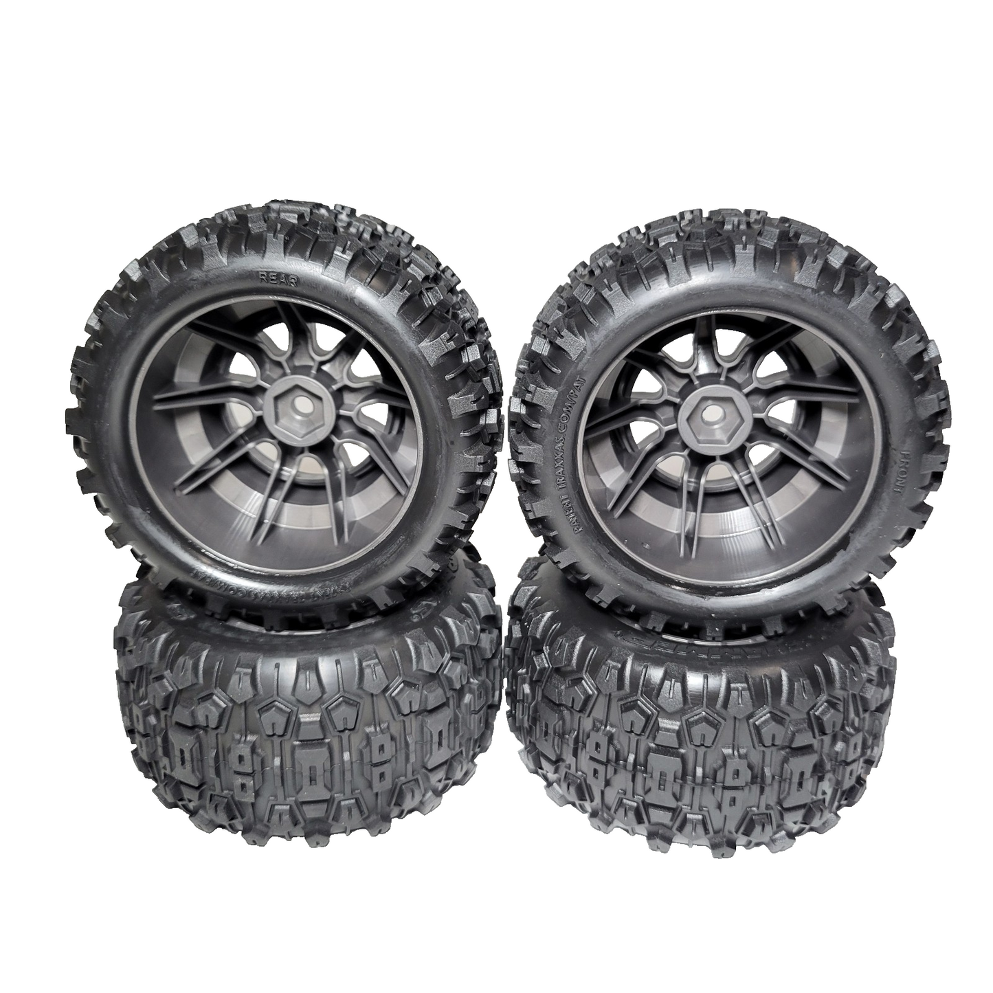 Fits Traxxas Mini Maxx SledgeHammer Tires & 12mm Grey Wheels Front & Rear 1/16th