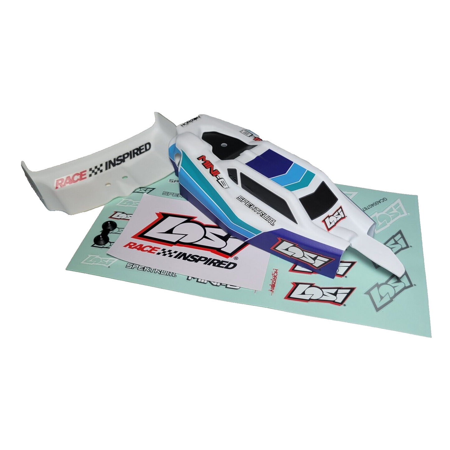 Losi Mini Body & Wing / Spoiler Factory Painted & Deacled White Blue Green