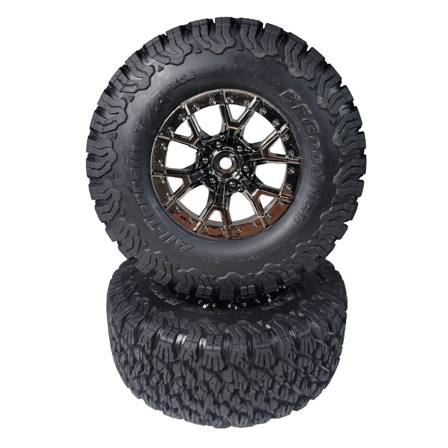 Fits Traxxas Raptor R Ultimate 4x4 Tires BF Goodrich & 12mm Black Chrome Wheels