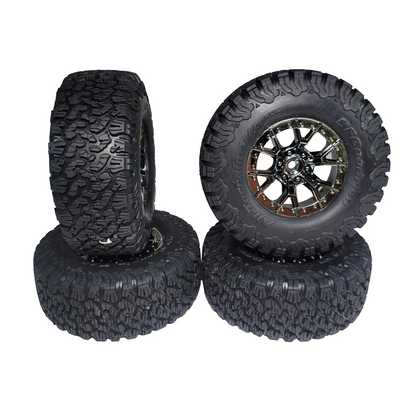 Fits Traxxas Raptor R 4x4 Tires BF Goodrich & 12mm Black Chrome Wheels Slash 4wd