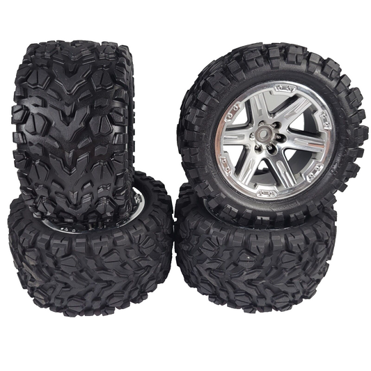 Fits Traxxas Rustler 4x4 VXL Tires & Wheels RXT Satin Chrome Talon 12mm 2.8"