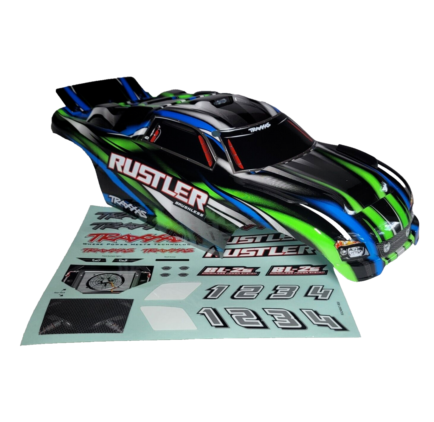 Fits Traxxas Rustler BL-2s 2wd Clipless Body Factory Painted Green Black Decals