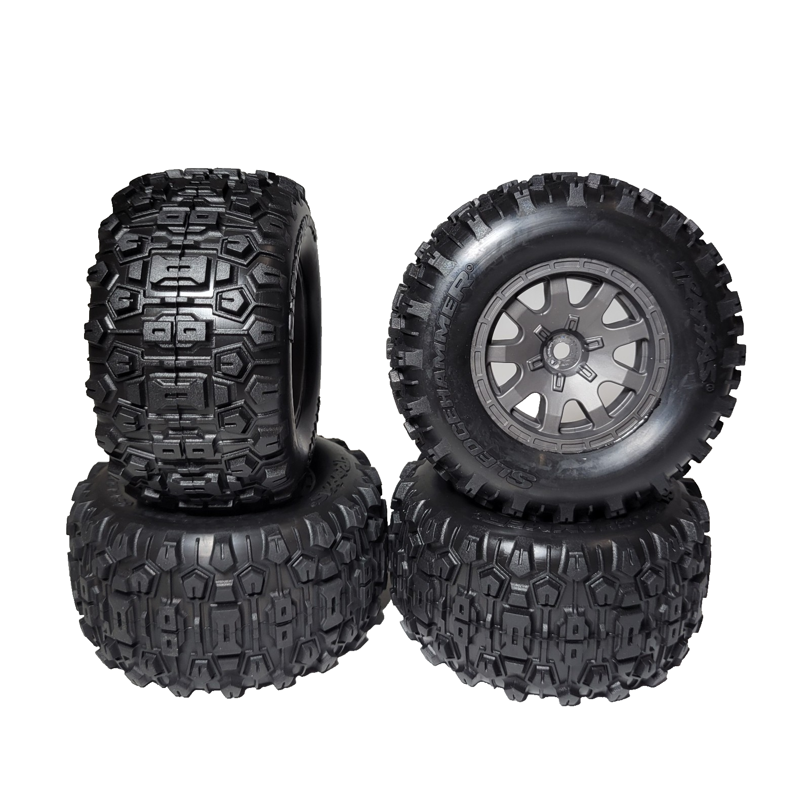 Fits Traxxas Mini Maxx SledgeHammer Tires & 12mm Grey Wheels Front & Rear 1/16th