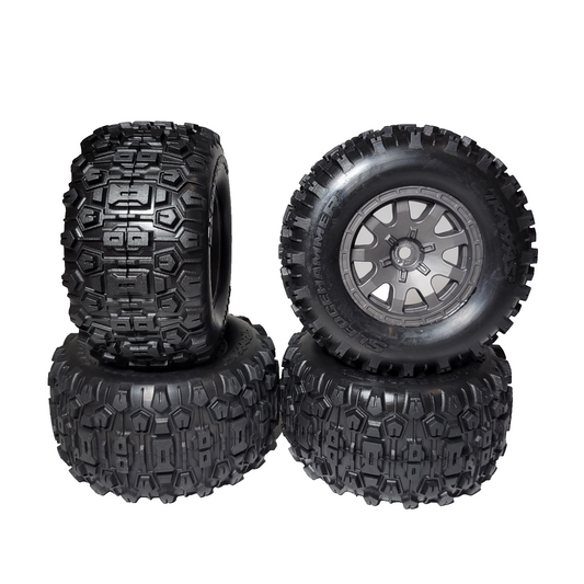 Fits Traxxas Mini Maxx SledgeHammer Tires & 12mm Grey Wheels Front & Rear 1/16th