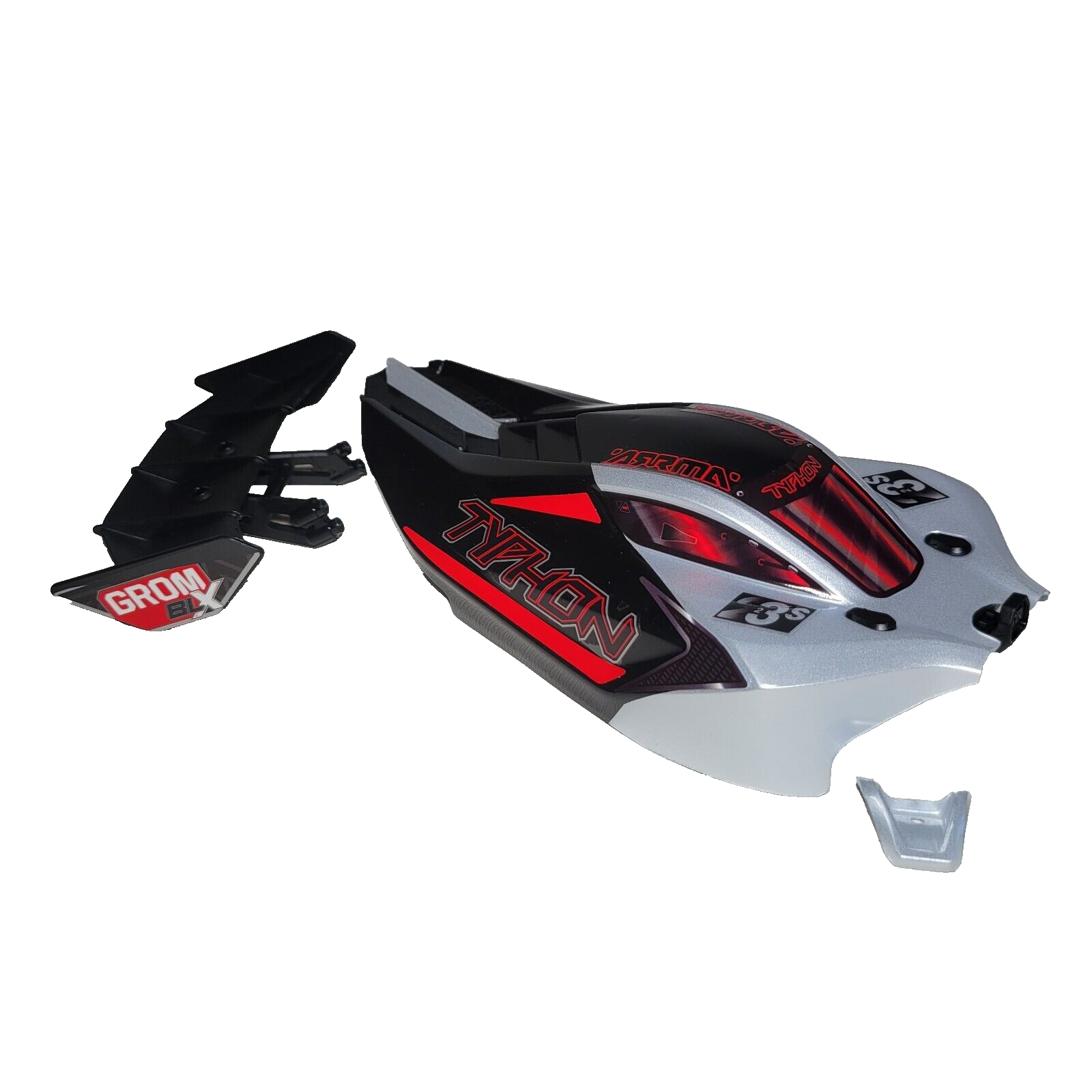 Arrma Typhon Grom 223s 1/18th Body Factory Painted Black Clipless & Wing Spoiler