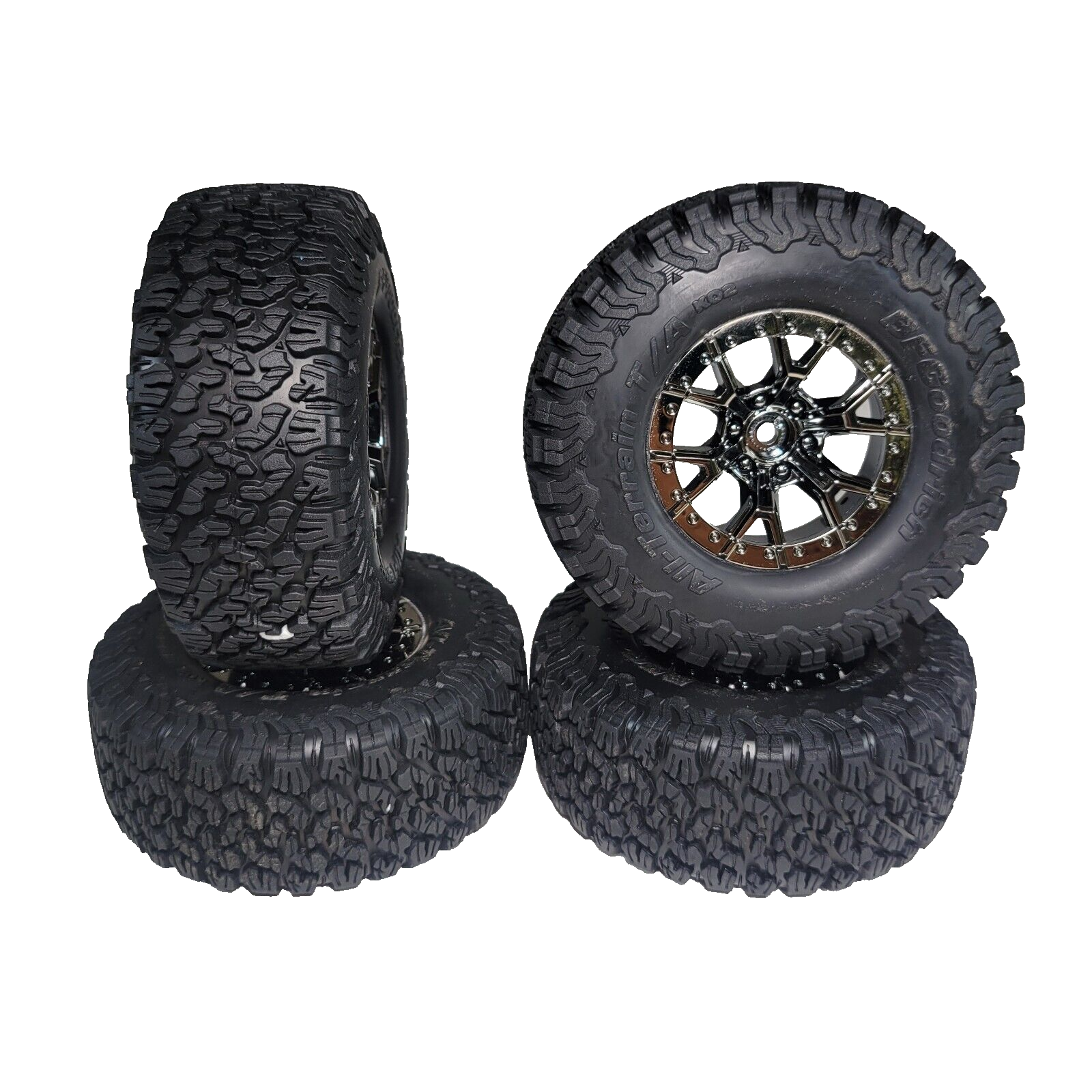 Fits Traxxas Raptor R Ultimate 4x4 Tires BF Goodrich & 12mm Black Chrome Wheels