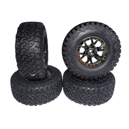 Fits Traxxas Raptor R Ultimate 4x4 Tires BF Goodrich & 12mm Black Chrome Wheels