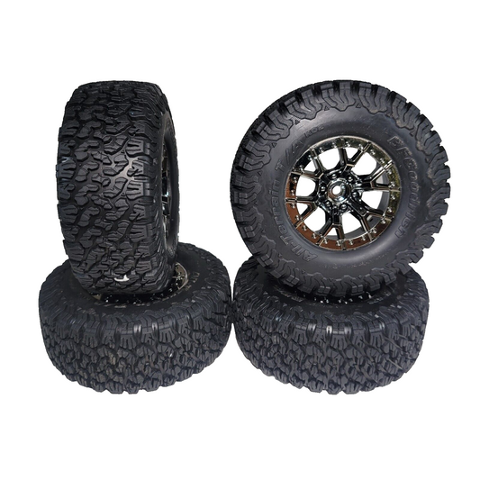 Fits Traxxas Raptor R Ultimate 4x4 Tires BF Goodrich & 12mm Black Chrome Wheels