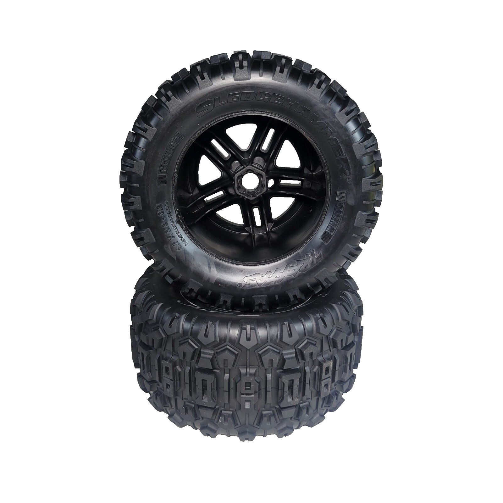 Fits Traxxas Sledge BELTED Tires & Wheels 3.8" 17mm Black Wheels Sledgehammer