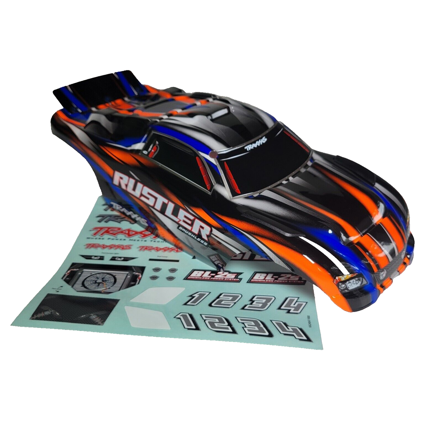 Fits Traxxas Rustler BL-2s 2wd Clipless Body Factory Painted Orange Black Decals