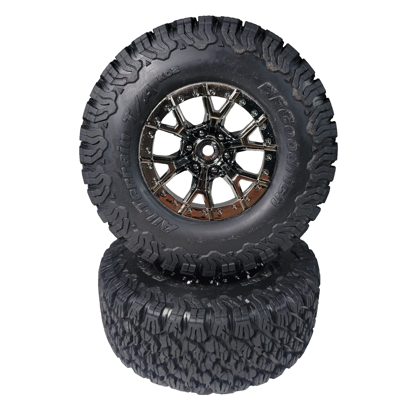 Fits Traxxas Raptor R Ultimate 4x4 Tires BF Goodrich & 12mm Black Chrome Wheels
