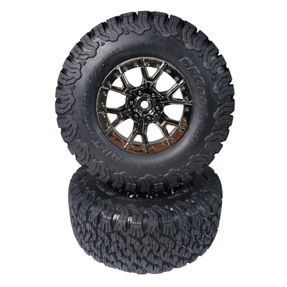 Fits Traxxas Raptor R Ultimate 4x4 Tires BF Goodrich & 12mm Black Chrome Wheels