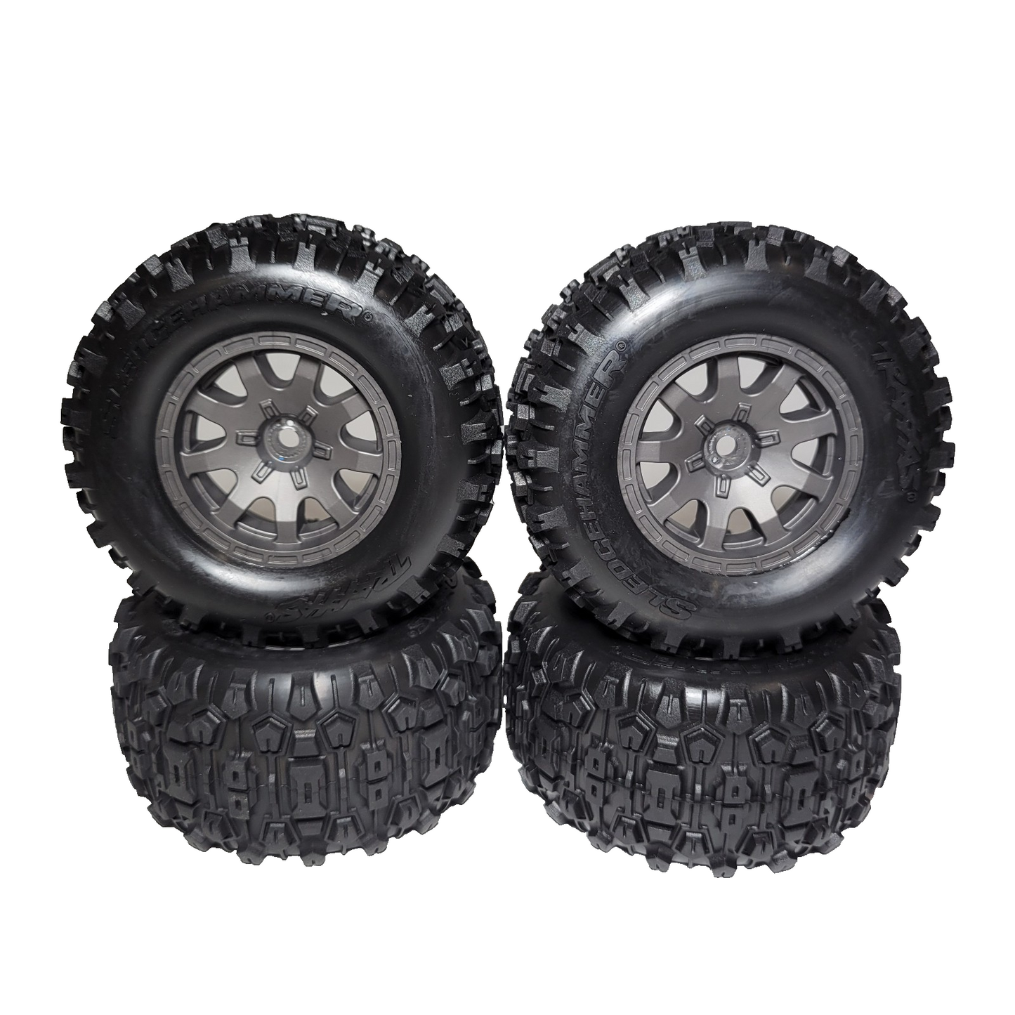 Fits Traxxas Mini Maxx SledgeHammer Tires & 12mm Grey Wheels Front & Rear 1/16th