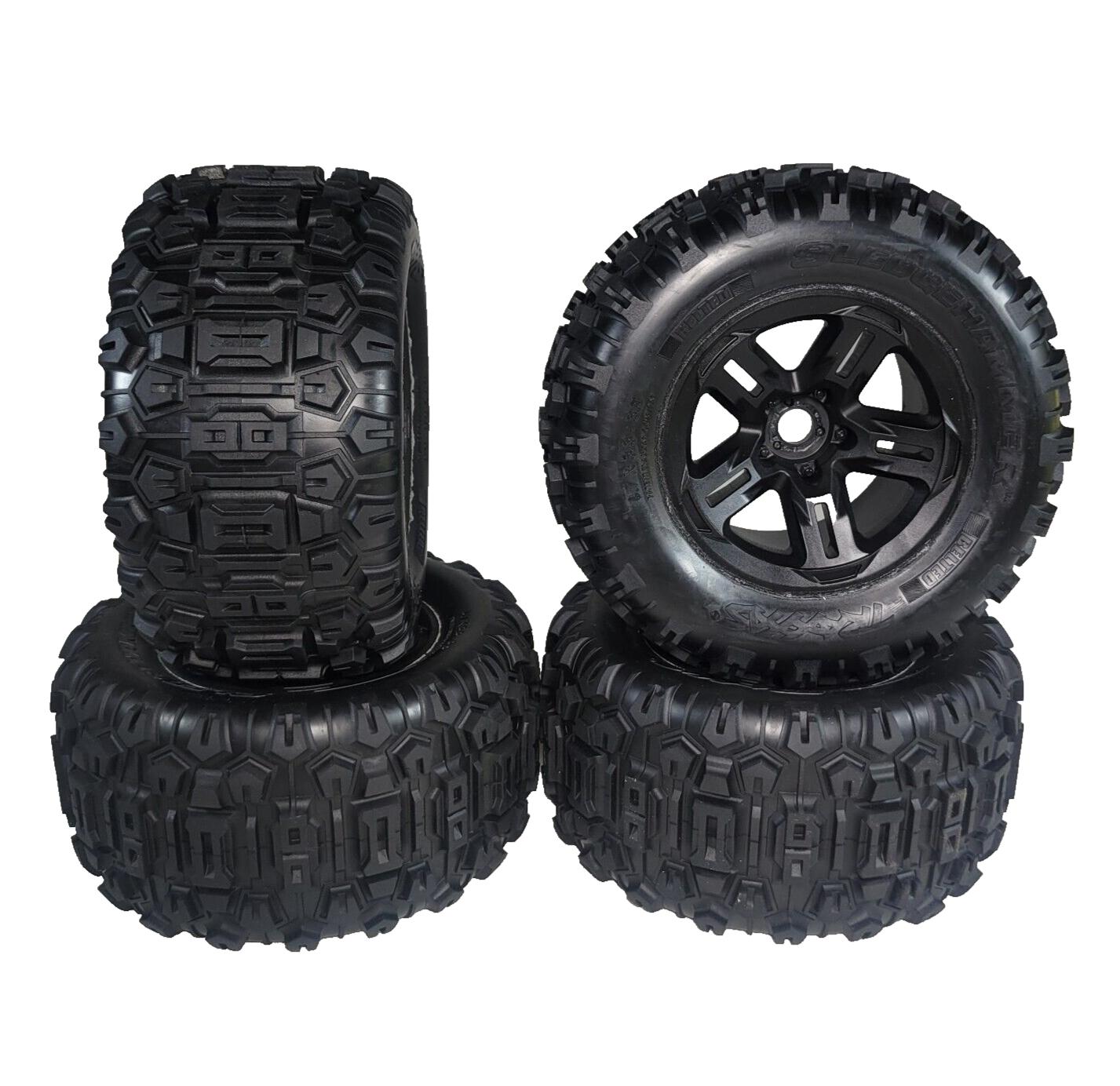 Fits Traxxas Sledge BELTED Tires & Wheels 3.8" 17mm Black Wheels Sledgehammer